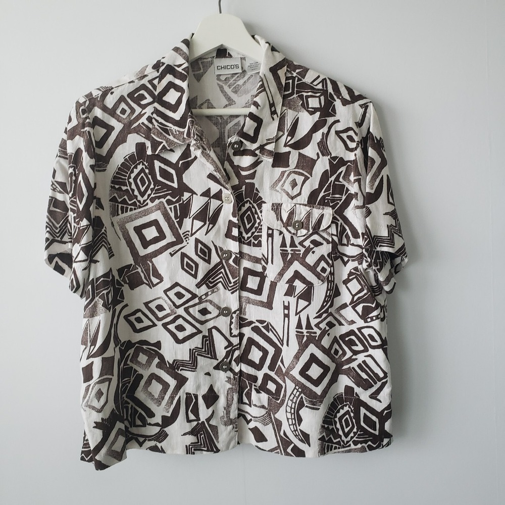 Chico's women's White & Brown Button Up Short Sleeve 100% Linen Top size M boxy